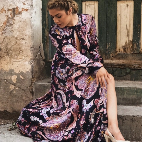 NWT BOHO Express Long Sleeve Keyhole Tie & Open Back Paisley Maxi Fall Dress - Picture 1 of 6